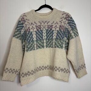 Kelleher Irish Hand Knit Wool Sweater Cream Nordic Fair Isle Pattern Women
